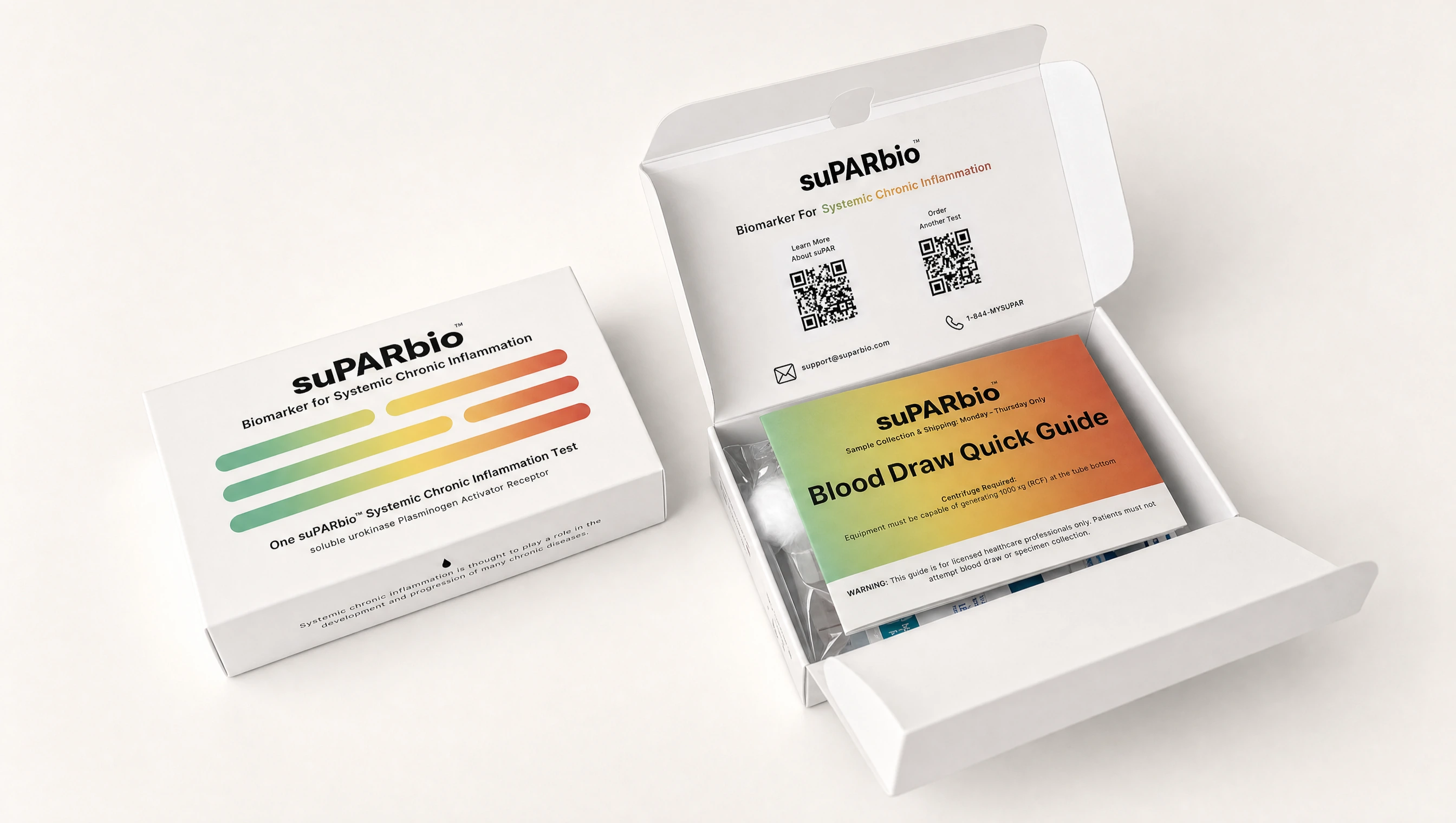 The suPAR Bio kit opened with the Blood Draw Quick Guide visible.